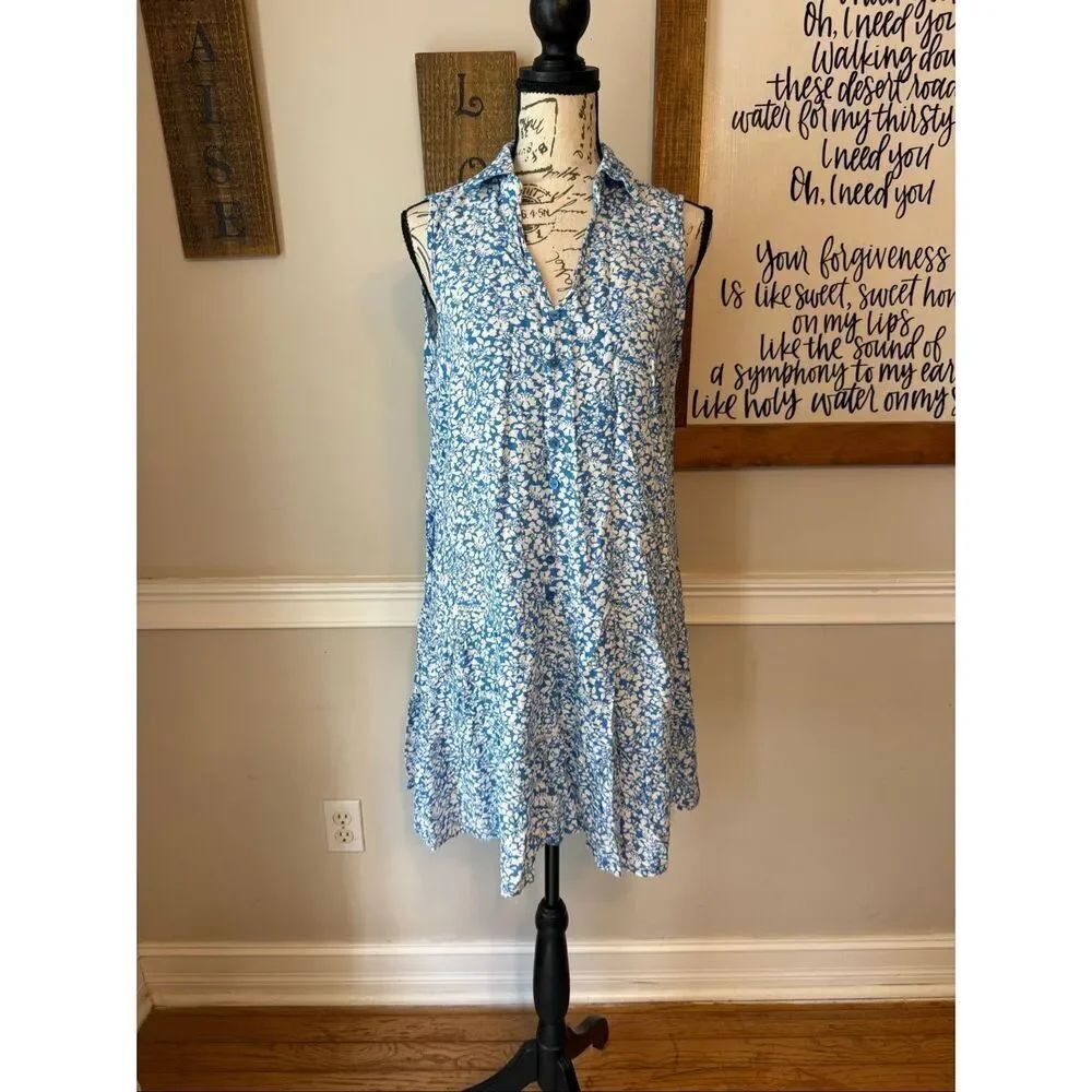 Mlle Gabrielle Women's Floral Sleeveless Button Tiered Mini Dress Blue Large